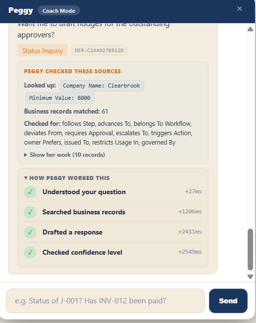 Evidence panel showing sources checked, entity tags matched, and step-by-step timing for a query response